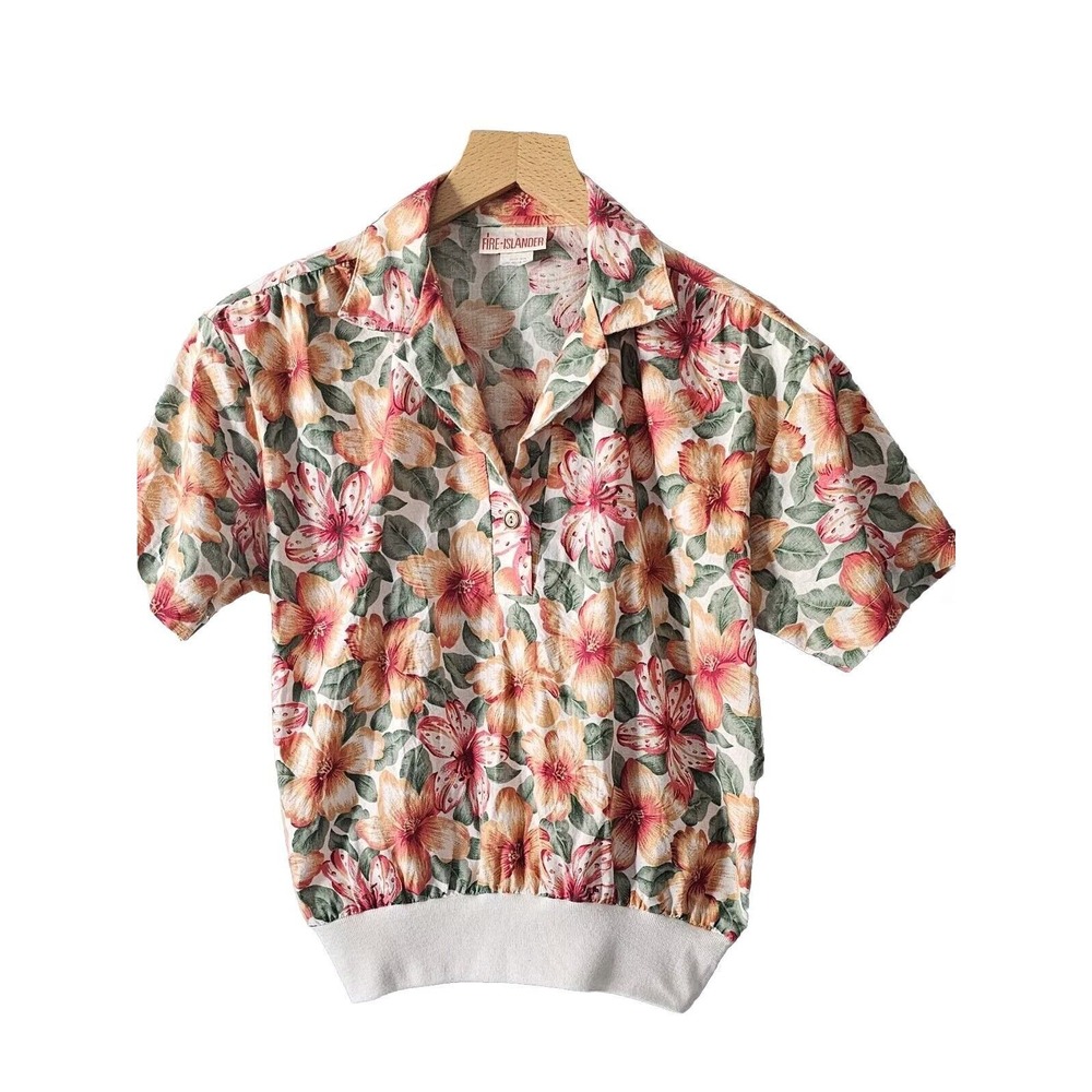 Vintage Fire Islander Top Womens Size M P Orange Green Hawaiian Floral Blouson